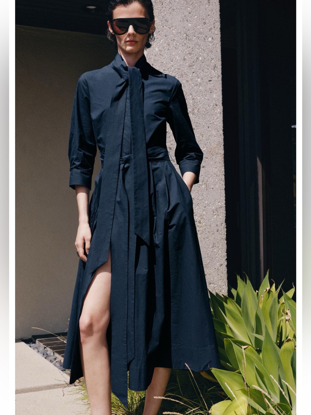 NWT ZARA Navy Blue Tied Poplin Midi Dress Size Medium